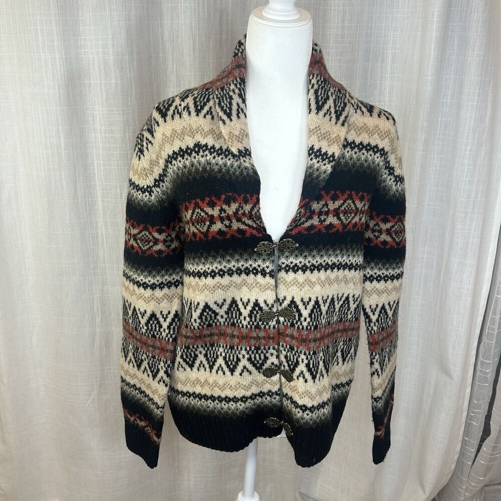 SUSAN BRISTOL Cardigan Shawl Collar Fair Isle Wool Sweater Women Size M Folk